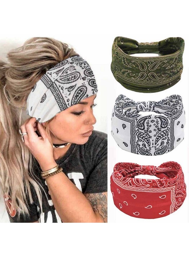 CAKURE Boho Headbands Wide Turban Knotted Head Bands African Thick Head Wraps Yoga Running Workout Hairbands Hair Scarf Elastic Hair Fashion Accessories For Women And Girls Pack Of 3(Set2) - Image 1