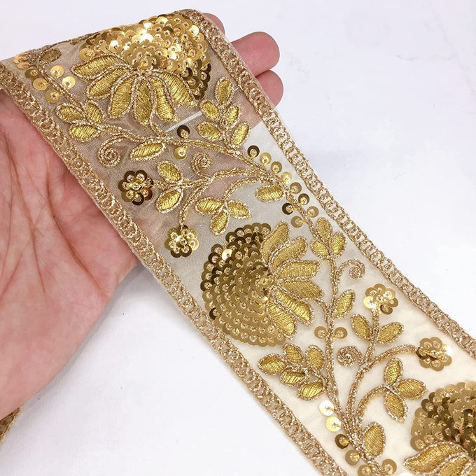 9 METER GOLDEN LACE TRIM WITH GOLD SEQUINS ON NET TISSUE INDIAN FANCY TRIM LACE BORDER, FLORAL HOME FURNISHINGS PARTY DECORATION FESTIVAL PACKING RIBBONS, FASHION ACCESSORIES LACE TRIM