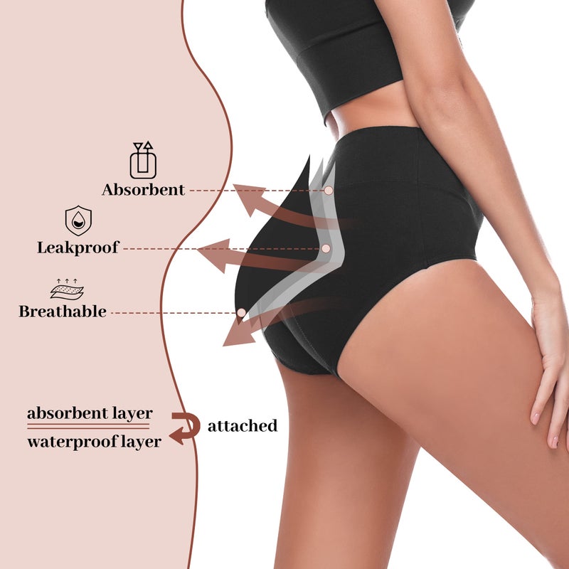 Walifrey Period Underwear for Women, High Waisted Panties Leakproof Postpartum Cotton Briefs 3 Pack Black XL - Image 2