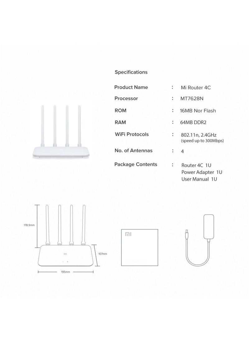 WIFI Router 4C APP Control 64MB RAM | 802.11 b/g/n | 2.4G Wi-Fi 300Mbps | 4 Antennas Wireless Routers Repeater for Home Mi Wi-Fi App, Android and iOS Compatible WiFi Roteador