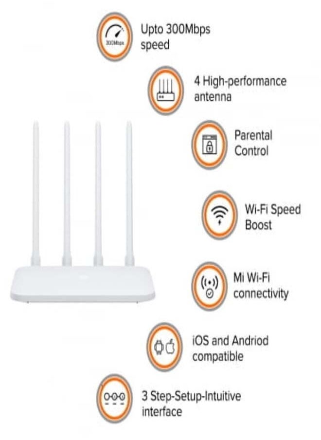 WIFI Router 4C APP Control 64MB RAM | 802.11 b/g/n | 2.4G Wi-Fi 300Mbps | 4 Antennas Wireless Routers Repeater for Home Mi Wi-Fi App, Android and iOS Compatible WiFi Roteador