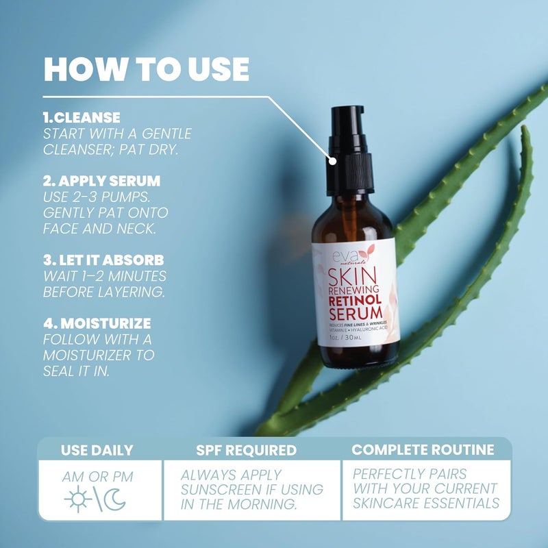 Eva Naturals Retinol Serum for Face with Hyaluronic Acid Vitamin E For AntiAging Fine Lines Wrinkles Resurfacing Acne Marks and Scars Skin Brightening Dark Spot Correction Night Serum 1oz - Image 5