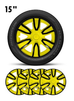 Pistol 15'' Inch 4PC Automotive Wheel Hub Wheel Cup / Cap with Universal Snap-On Retention Rings Wheel Cover Kit - Pistol Yellow&Black - WJ5087 BY-15''  - Image 1