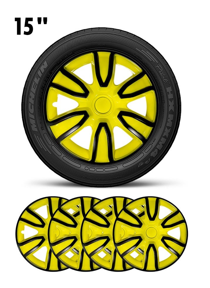 Pistol 15'' Inch 4PC Automotive Wheel Hub Wheel Cup / Cap with Universal Snap-On Retention Rings Wheel Cover Kit - Pistol Yellow&Black - WJ5087 BY-15''  - Image 1