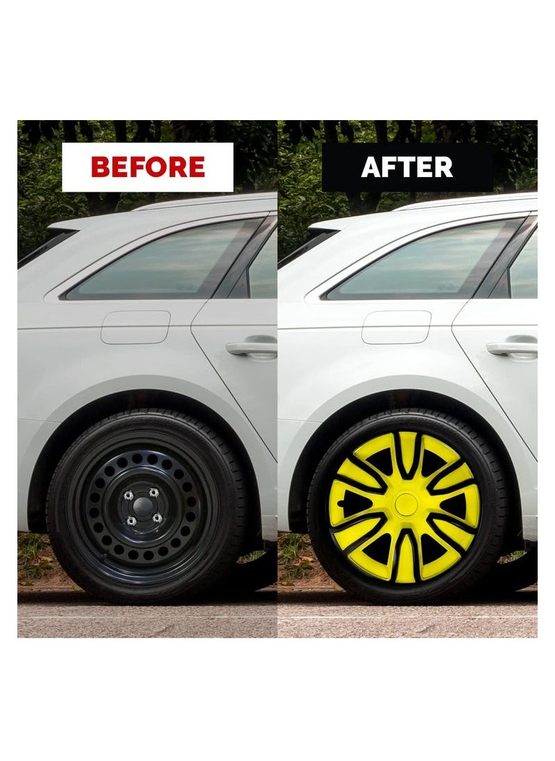 Pistol 15'' Inch 4PC Automotive Wheel Hub Wheel Cup / Cap with Universal Snap-On Retention Rings Wheel Cover Kit - Pistol Yellow&Black - WJ5087 BY-15''  - Image 4