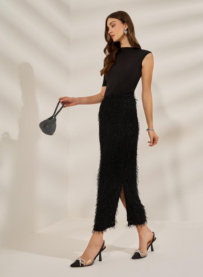 Styli Black Fringe Maxi Skirt with Side Slit - Image 2