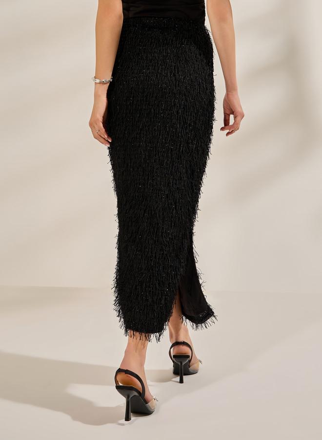 Styli Black Fringe Maxi Skirt with Side Slit - Image 5