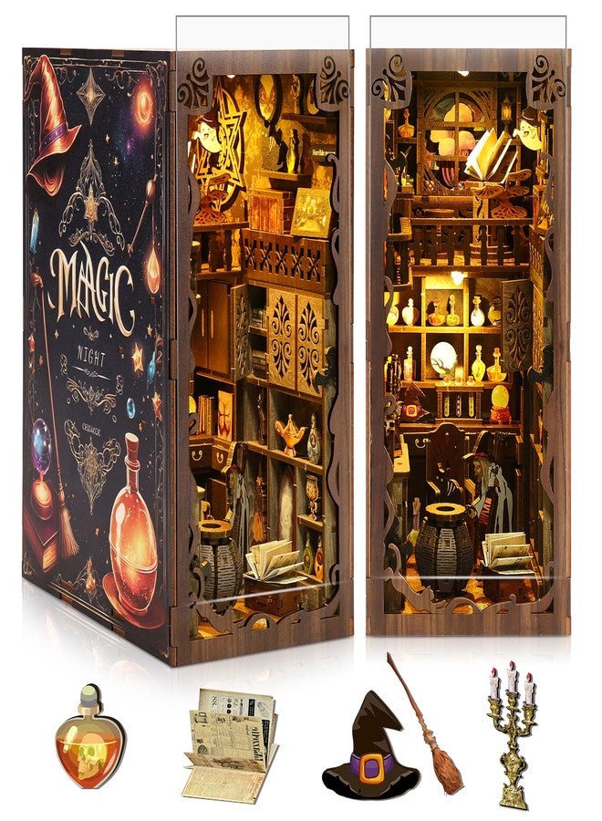 HAIMST Book Nook Kit, DIY Miniature House Kit with Dust Cover LED Light 3D Wooden Puzzle Bookends Crafts Bookshelf Decoration Gift for Adults and Teens (Magic Night) - Image 1