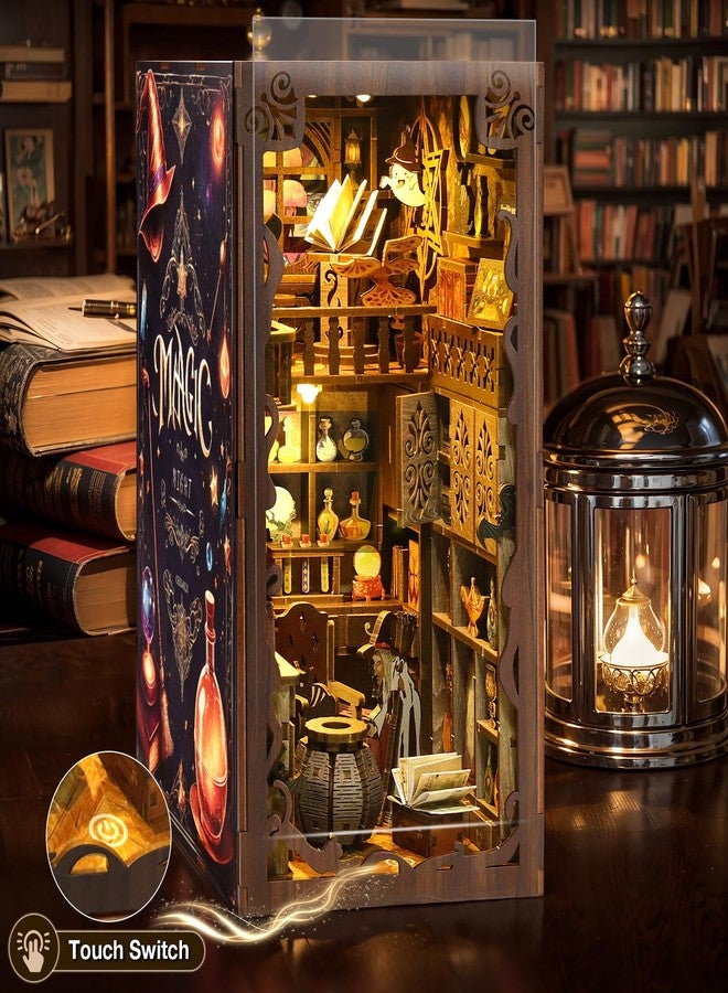 HAIMST Book Nook Kit, DIY Miniature House Kit with Dust Cover LED Light 3D Wooden Puzzle Bookends Crafts Bookshelf Decoration Gift for Adults and Teens (Magic Night) - Image 2