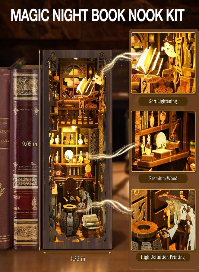 HAIMST Book Nook Kit, DIY Miniature House Kit with Dust Cover LED Light 3D Wooden Puzzle Bookends Crafts Bookshelf Decoration Gift for Adults and Teens (Magic Night) - Image 3