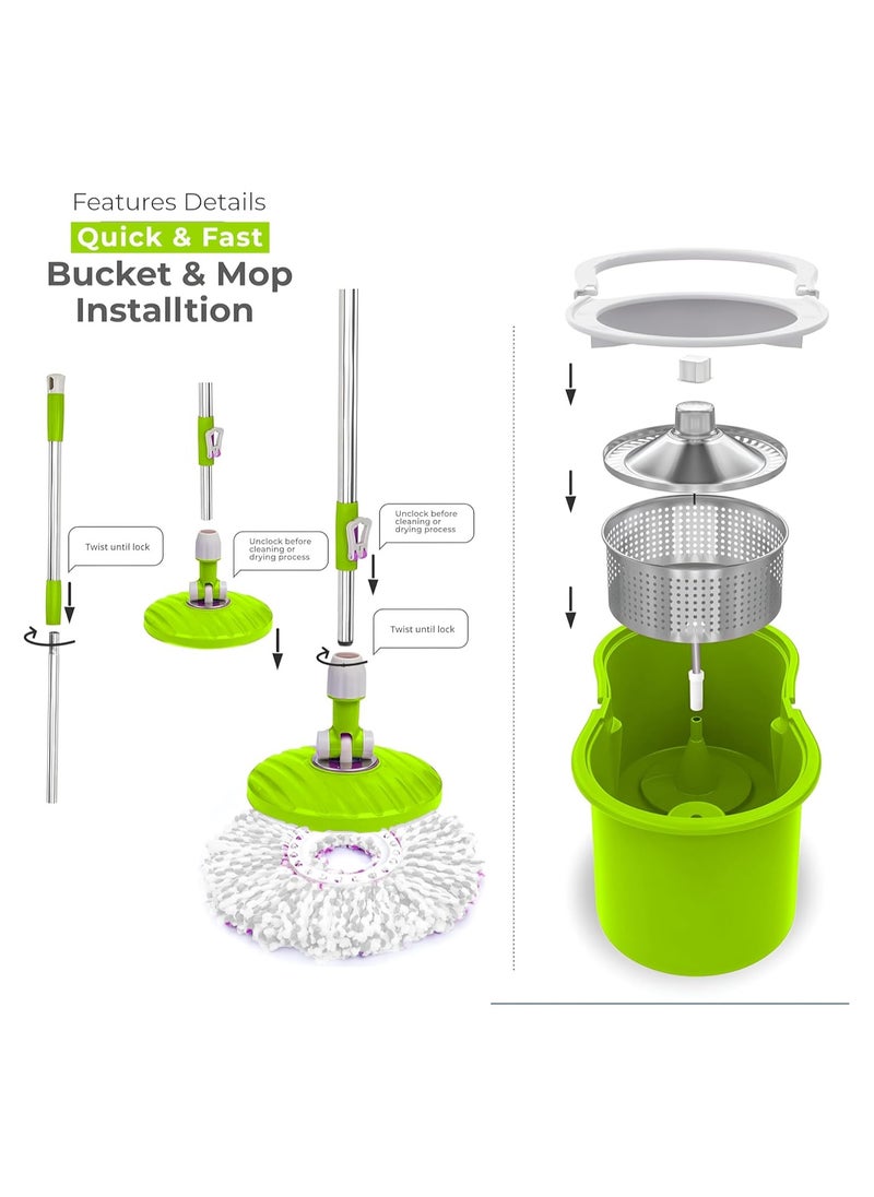GTSOL - Premium Spin Mop & Bucket Set with Stainless Steel Wringer – 5.8L Capacity, Hands-Free Wringing, 360° Rotating Mop Head, Telescopic Handle, 2 Reusable Refills – Ideal for Efficient Floor Cleaning (Green) - Image 1