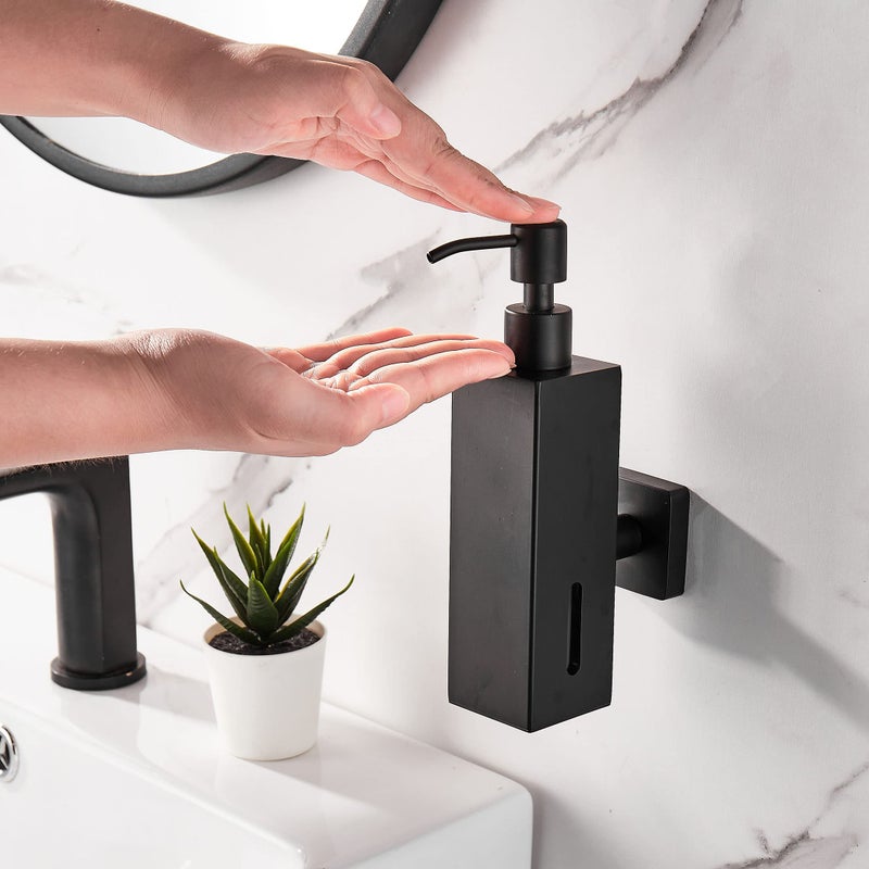 BATHSIR Matte Black Soap Dispenser, Refillable Shower Soap Dispenser Wall Mounted, Stainless Steel Clear Hand Soap Dispenser with Pump for Bathroom Kitchen Sink Dish (Square 200ML) - Image 2