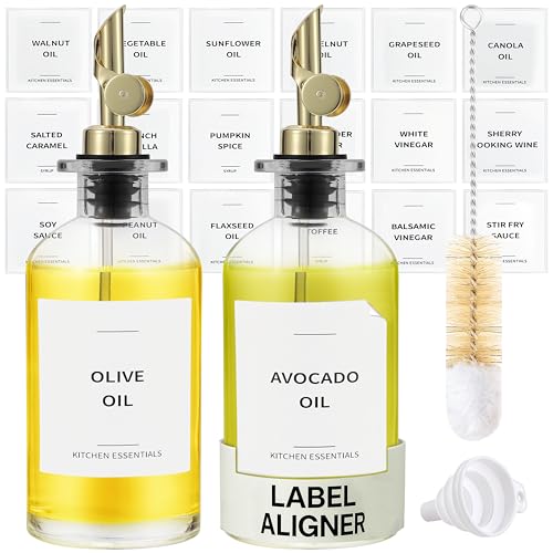 Spaceneat Olive Oil Dispenser Bottle - Includes 55 Kitchen Essential Labels - Cooking Oil Bottles for Kitchen, Coffee Syrup Dispenser - Pourer Spout with 11.8 fl oz Glass Container Cruet - 2pcs, Gold - Image 1