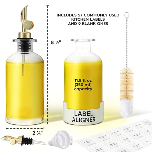 Spaceneat Olive Oil Dispenser Bottle - Includes 55 Kitchen Essential Labels - Cooking Oil Bottles for Kitchen, Coffee Syrup Dispenser - Pourer Spout with 11.8 fl oz Glass Container Cruet - 2pcs, Gold - Image 2