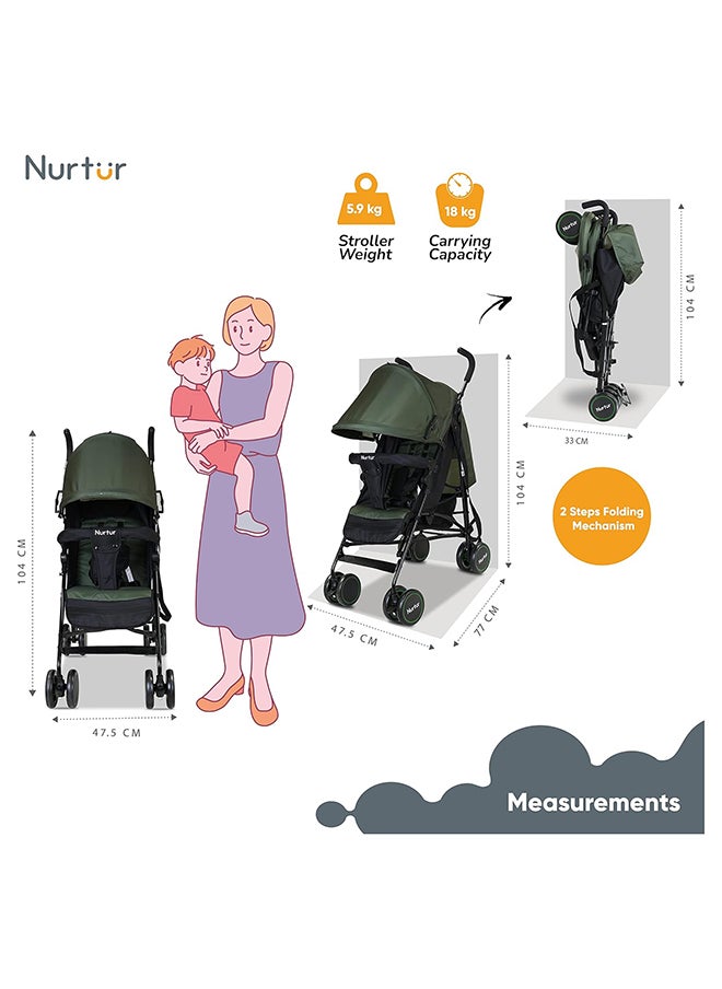 Nurtur عربة أطفال آرتشر خفيفة الوزن للأطفال من عمر 0 إلى 36 شهرًا، سلة تخزين، ممتص للصدمات قابل للفصل، حزام أمان 5 نقاط، تصميم مضغوط، أخضر داكن  - Image 5