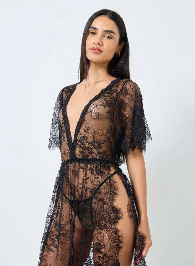 Styli Styli Floral Pattern Lace Maxi Slip Dress with Thigh High Slit and Brief