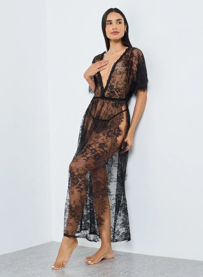 Styli Floral Pattern Lace Maxi Slip Dress with Thigh High Slit and Brief