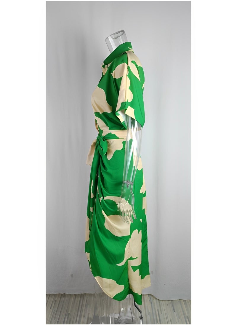 REOCLE - Women's Button Down Ruched Shirt Dresses with Fashion Print Short Sleeve Lapel V Neck Maxi Satin Dress for Elegant Party - Image 1