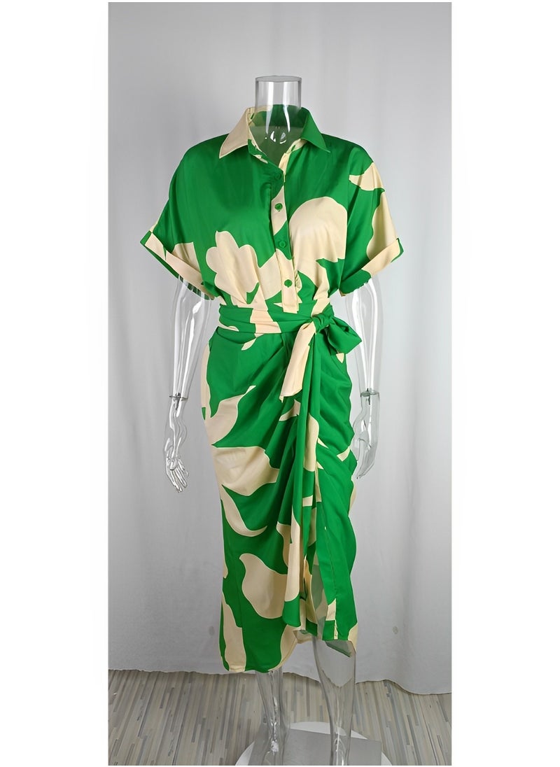 REOCLE - Women's Button Down Ruched Shirt Dresses with Fashion Print Short Sleeve Lapel V Neck Maxi Satin Dress for Elegant Party - Image 1