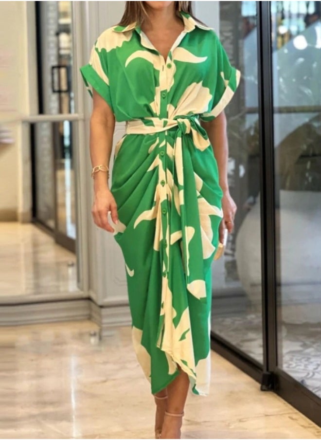 REOCLE - Women's Button Down Ruched Shirt Dresses with Fashion Print Short Sleeve Lapel V Neck Maxi Satin Dress for Elegant Party - Image 1