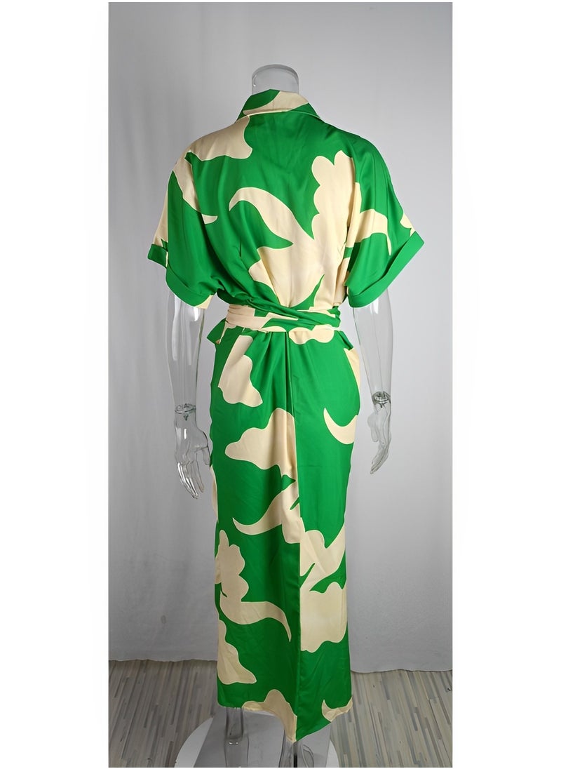 REOCLE - Women's Button Down Ruched Shirt Dresses with Fashion Print Short Sleeve Lapel V Neck Maxi Satin Dress for Elegant Party - Image 1