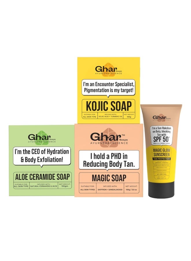 Ghar Soaps Whitening & Sun Protection Set – Kojic Soap, Magic Soap, Aloe Soap 300G (100g each)& 30ml Sunscreen for Face & Body - Image 1