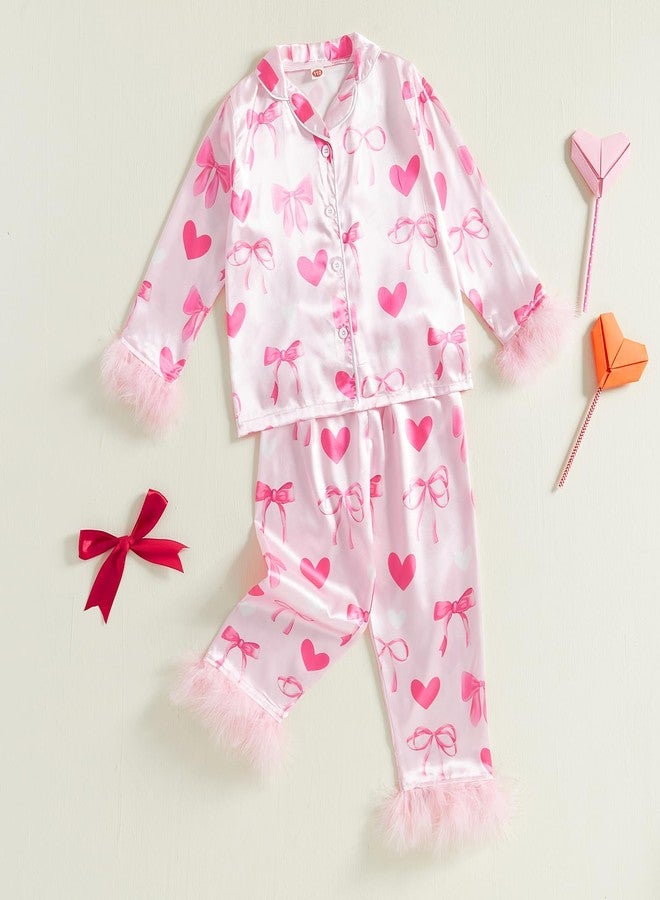 Ayalinggo Toddler Valentines Day Pjs Kids Baby Girls Feather Silk Satin Pajamas Set Heart Bow Valentine Jammies Nightgown Pink Heart 5-6 Years - Image 3