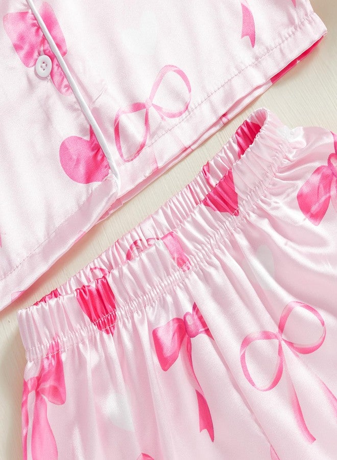 Ayalinggo Toddler Valentines Day Pjs Kids Baby Girls Feather Silk Satin Pajamas Set Heart Bow Valentine Jammies Nightgown Pink Heart 5-6 Years - Image 2
