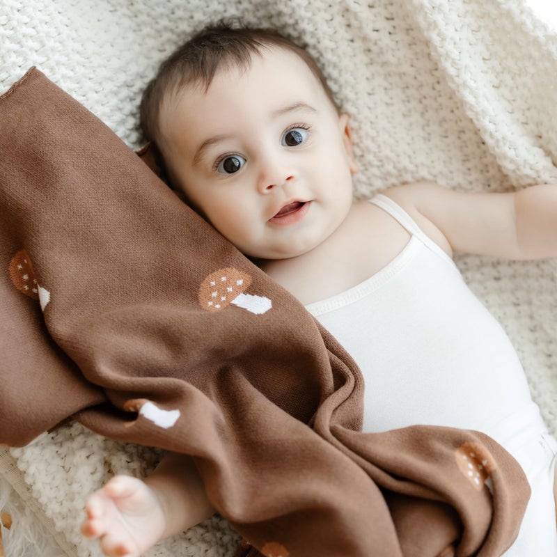 Bleu La La Knit Baby Blanket for Girls and Boys 100% Cotton Buttery Soft Cozy Receiving Swaddle Crib Stroller Blanket for Shower Gift Registry for Newborns, Infants, Toddlers (Mushroom - Mocha) - Image 2