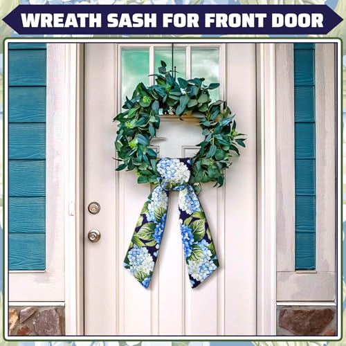 CraftyDream Wreath Sash for Front Door Wreath Satin Sash Blank Sashes Embroidery Monogram Yard Doorway Indoor Outdoor Wall Ribbon Bow Home Decor(Blue, Green,Summer Hydrangea) - Image 2