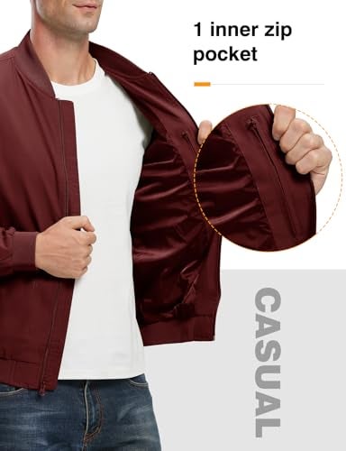 TBMPOY Men's Lightweight Jackets Light Bomber Casual Windbreaker Jackets Stylish Fall Golf Spring Dress Business Varsity Dark Wine Red XXXL - Image 5