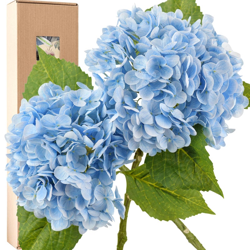 FiveSeasonStuff Real Touch Silk Hydrangea Flowers 2 Large Long Stem Artificial Flowers for Floral Arrangements Heavenly Blue
