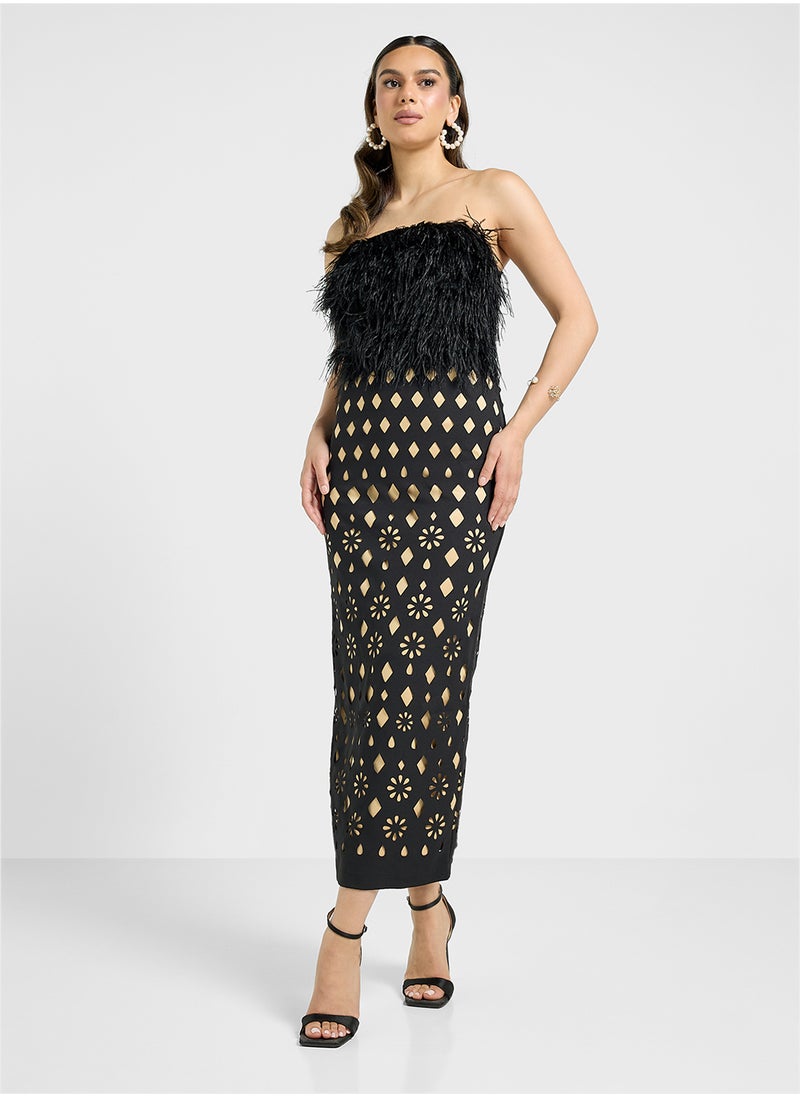 Threadz by Ajooni - Bardot Fur Detail Laser Cut Dress - Image 1