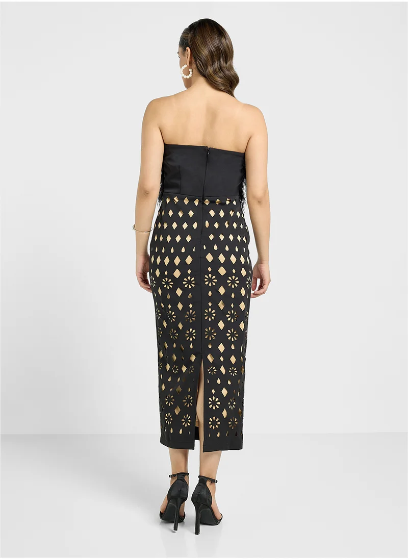 Threadz by Ajooni Bardot Fur Detail Laser Cut Dress