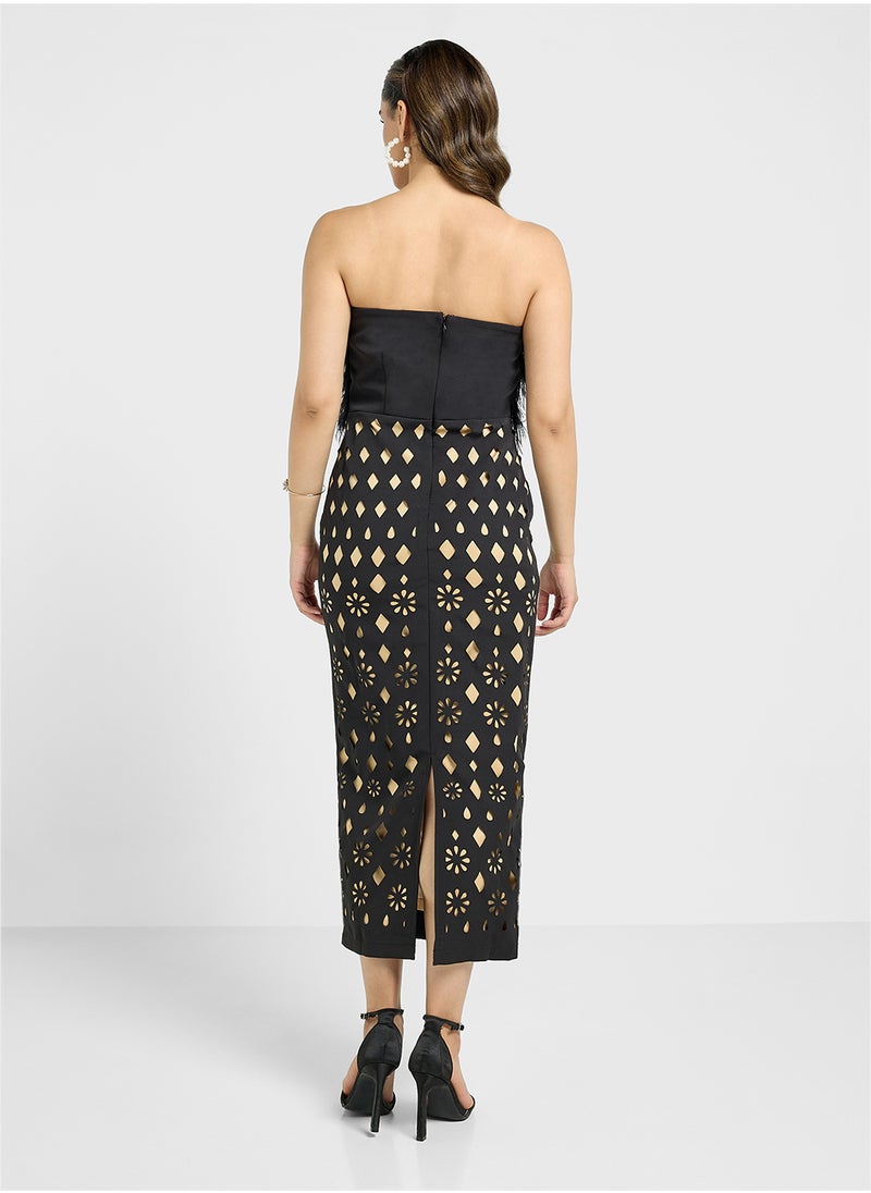 Threadz by Ajooni - Bardot Fur Detail Laser Cut Dress - Image 1