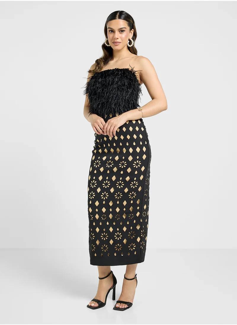 Threadz by Ajooni Bardot Fur Detail Laser Cut Dress