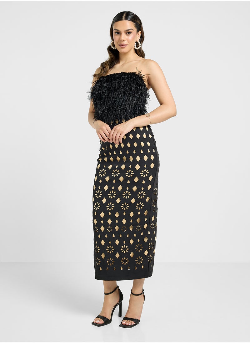 Threadz by Ajooni - Bardot Fur Detail Laser Cut Dress - Image 1