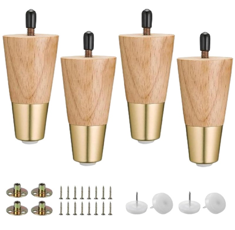 QZibeva Set 4 Pcs Oak Wood Furniture Legs Natural Finish with Gold Caps Furniture Legs Replacement Dresser Bed Sofa 4 Inches - Image 1