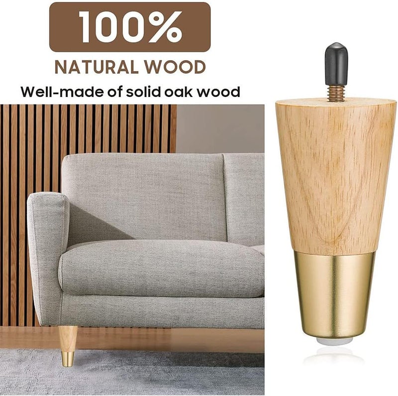 QZibeva Set 4 Pcs Oak Wood Furniture Legs Natural Finish with Gold Caps Furniture Legs Replacement Dresser Bed Sofa 4 Inches - Image 2