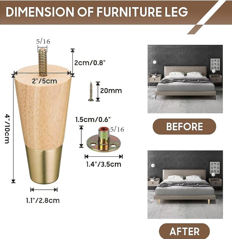 QZibeva Set 4 Pcs Oak Wood Furniture Legs Natural Finish with Gold Caps Furniture Legs Replacement Dresser Bed Sofa 4 Inches - Image 4