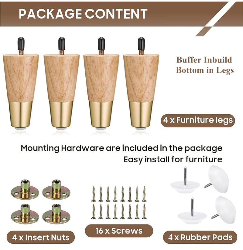 QZibeva Set 4 Pcs Oak Wood Furniture Legs Natural Finish with Gold Caps Furniture Legs Replacement Dresser Bed Sofa 4 Inches - Image 3