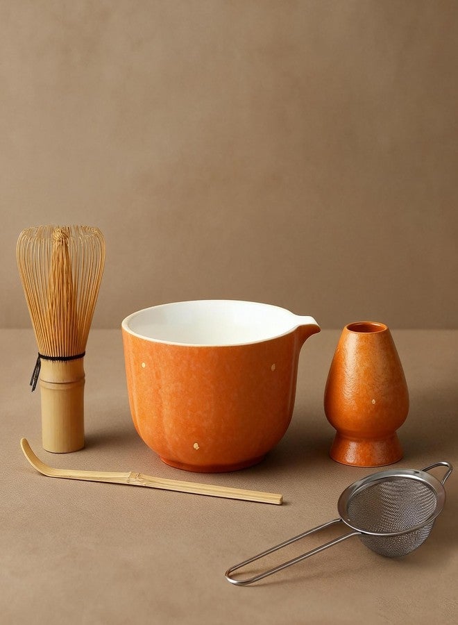 KOIMYSA Matcha Whisk Set Includes Matcha Bowl with Spout, Bamboo Whisk (Chasen), Whisk Holder, Sifter, Scoop, 5PCS Matcha Starter Kit for Matcha Lovers, Matcha Set with Gold Foil Decoration, Orange - Image 1