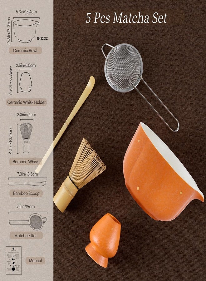 KOIMYSA Matcha Whisk Set Includes Matcha Bowl with Spout, Bamboo Whisk (Chasen), Whisk Holder, Sifter, Scoop, 5PCS Matcha Starter Kit for Matcha Lovers, Matcha Set with Gold Foil Decoration, Orange - Image 5