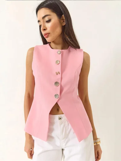 Bianco Lucci Fitted Sleeveless Button-Front Waistcoat with Crew Neck