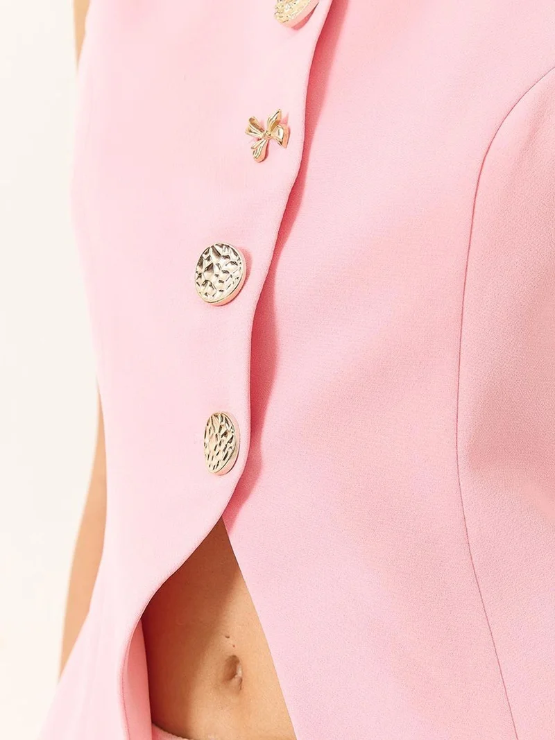 Bianco Lucci Bright Pink Fitted Sleeveless Button-Front Waistcoat with Crew Neck for Women | Best Price UAE