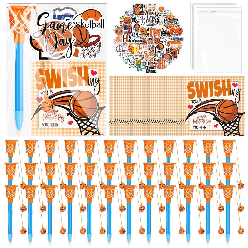 Gosodeny 36 Pack Basketball Party Favor Set with Mini Hoop Pens Stickers Exchange Cards and Gift Bags Bulk Gifts Sports Birthday Goodie Bag Fillers for Adult - Image 3