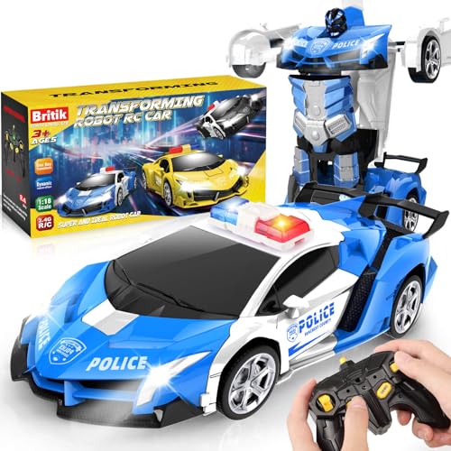 Britik Transform Remote Control Car  Rc Cars OneButton Transforming 360 Rotation Drifting 24ghz 118 Scale Gift Kids Aged 46 Year Old BoysGirls Police Car Blue - Image 1