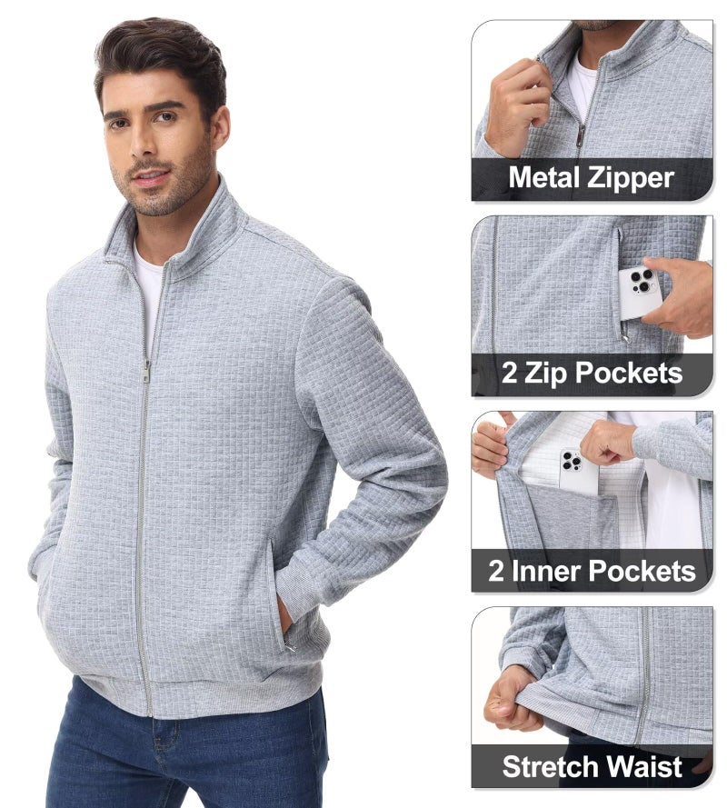 Satankud Men's Jacquard Waffle PlaidCloth Bright Metal Zipper Lightweight Jacket Lightgrey Large - Image 4