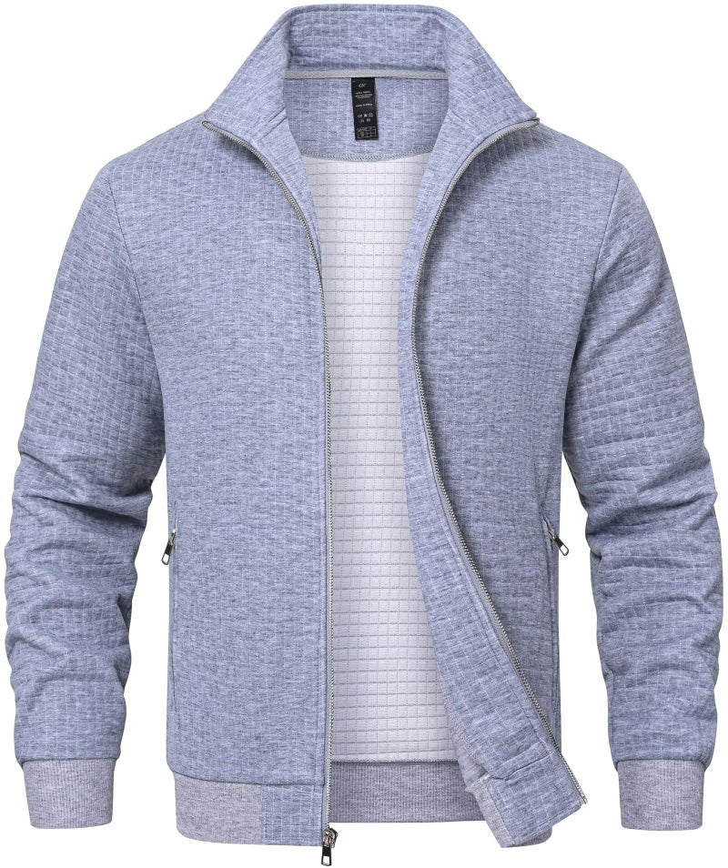 Satankud Men's Jacquard Waffle PlaidCloth Bright Metal Zipper Lightweight Jacket Lightgrey Large - Image 1