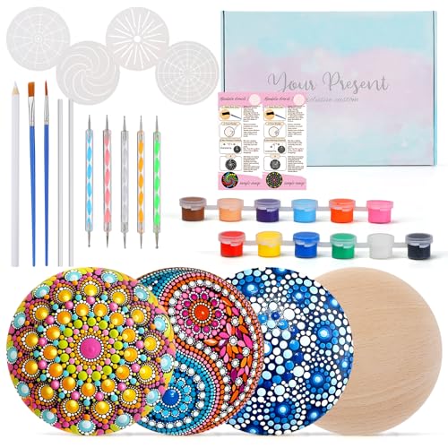 Beeplove Relaxing Crafts for Adults - Gifts for Women Mom Daughter Sister Friend Co-Worker, Beginner Friendly Mandala Rock Painting Kit with Stencils Dotting Tools - Image 1